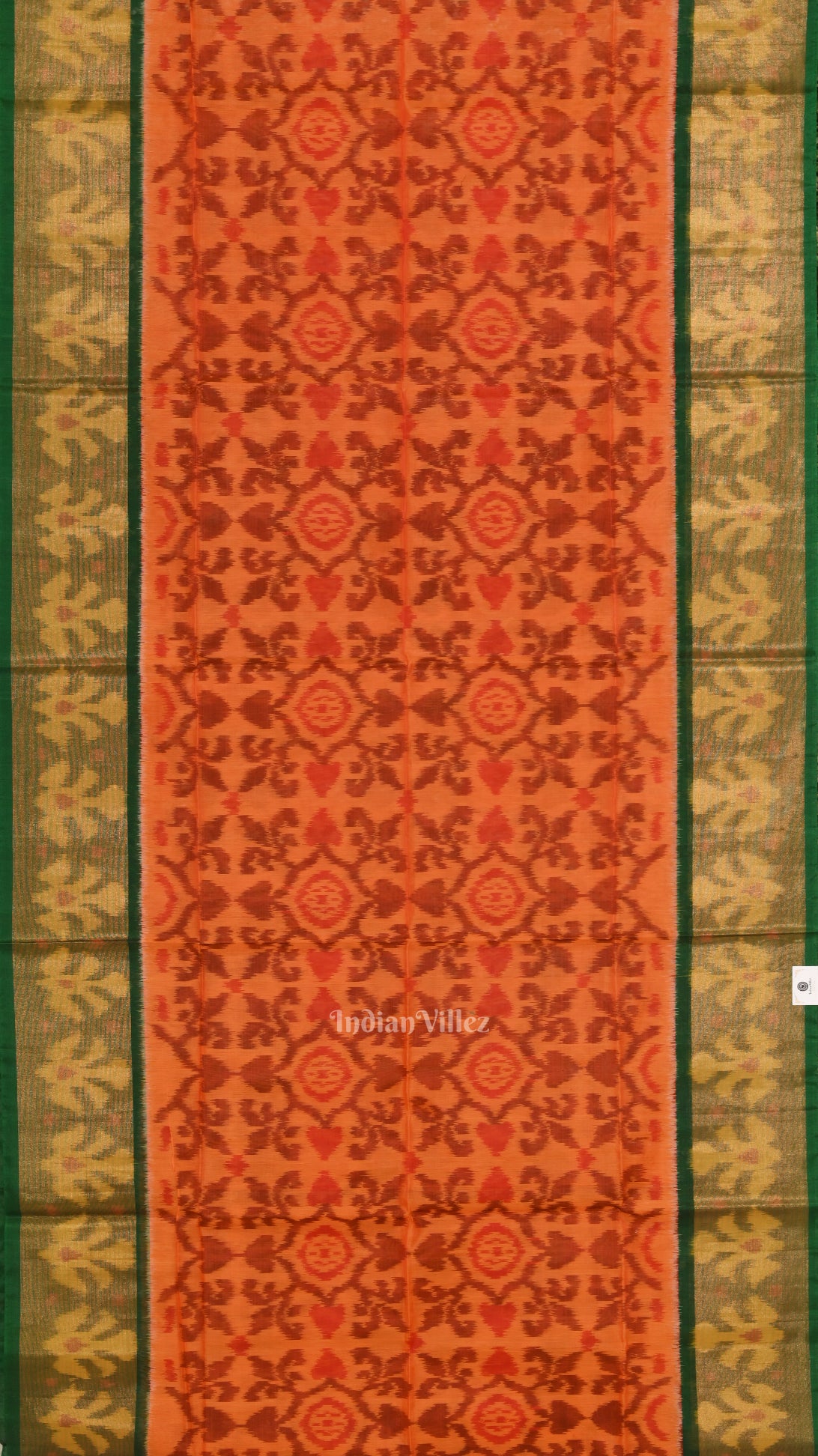 Orange Green Pochampally Ikat Sico (Silk & Cotton) Saree with Zari Border 
