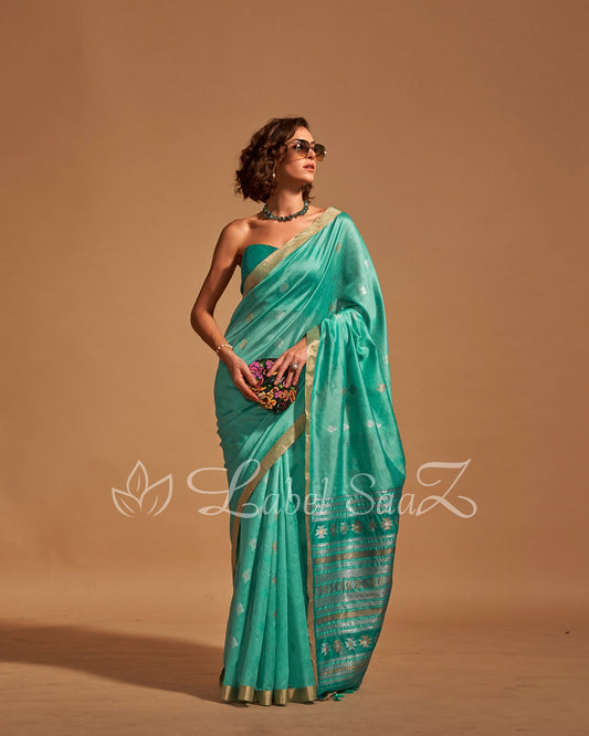 Sky Blue Handwoven Tussar Banarasi Saree With Emboridery on Pallu