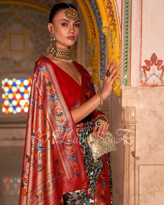 Green Red Patola inspired Pochampally with Paithani Border and Pallu