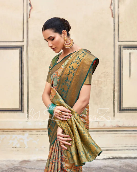 Green Multi Color Pure Brocade Tissue Kanjivaram Saree