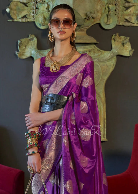 Magenta Pure Handwoven Satin Silk Banarasi Saree