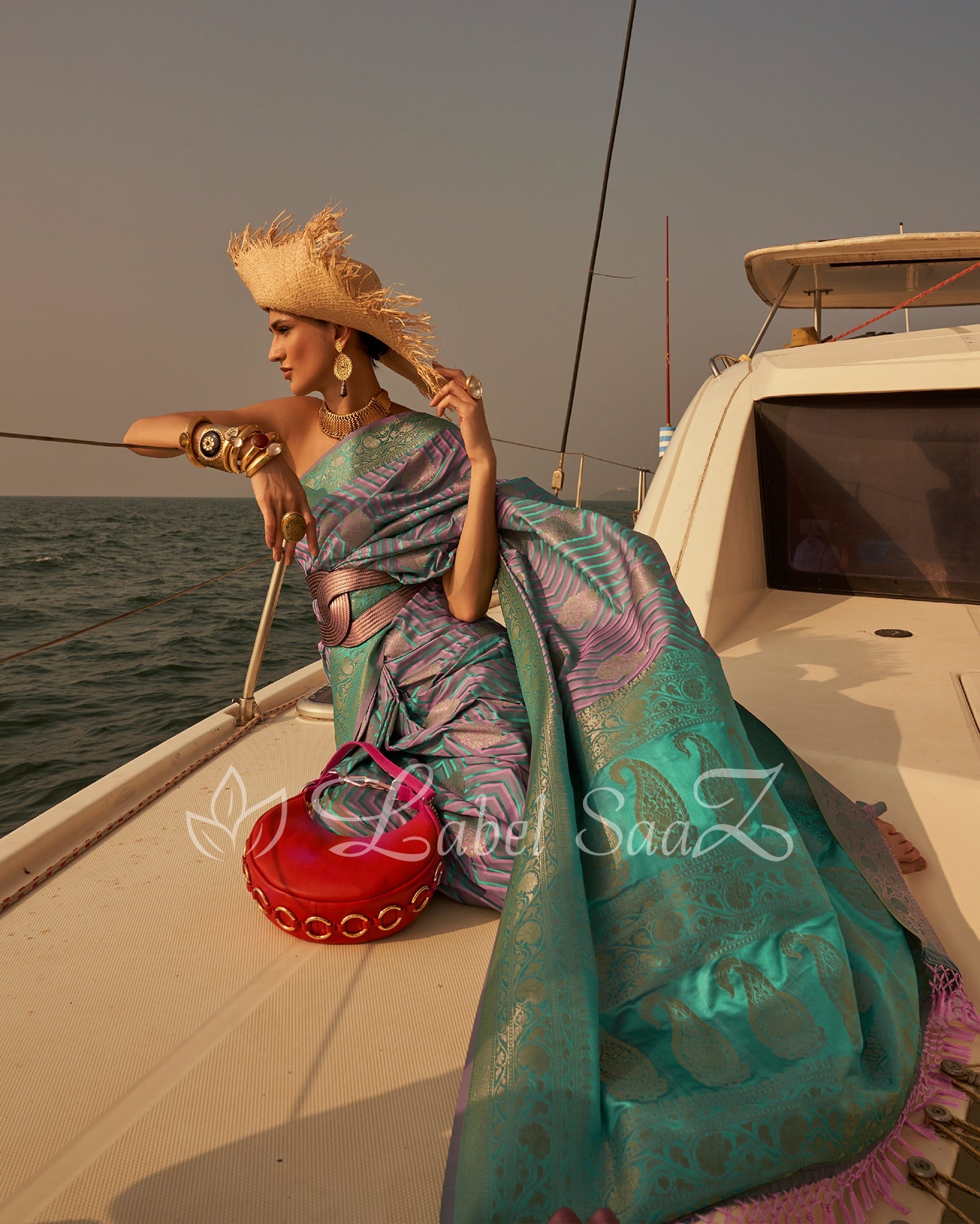 Pink Turquoise Two Tone Leheriya Banarasi Satin Silk Saree