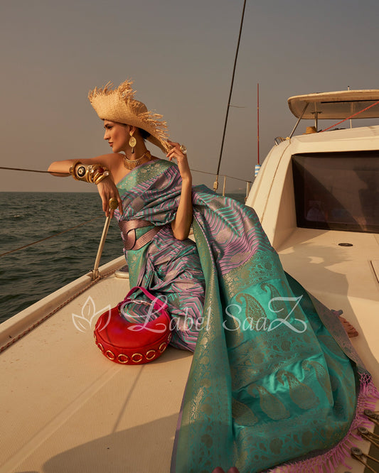 Pink Turquoise Two Tone Leheriya Banarasi Satin Silk Saree