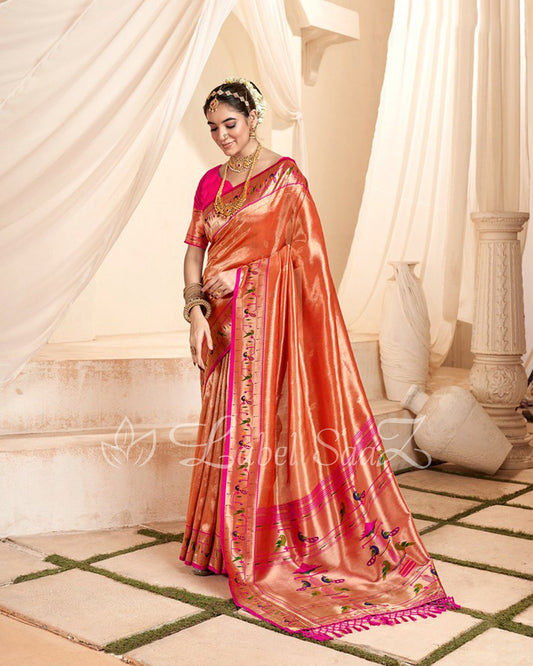 Orange Rewa Tissue Handloom Paithani Saree