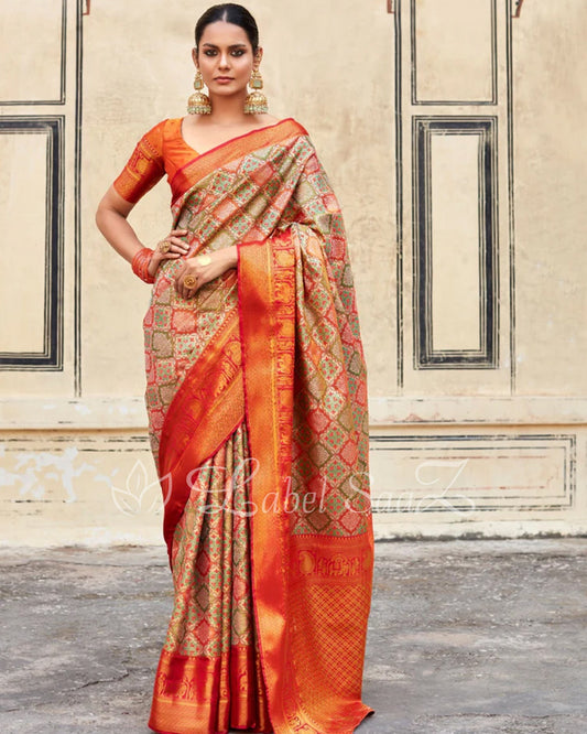 Orange Printed Multi Color Pure Brocade Tissue Kanjivaram Saree