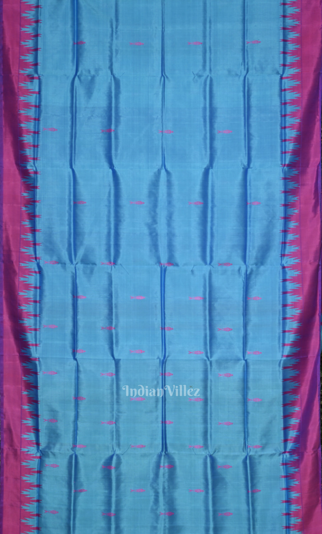  Sky Blue Fish Motif Double Pallu Berhampuri Silk Saree 