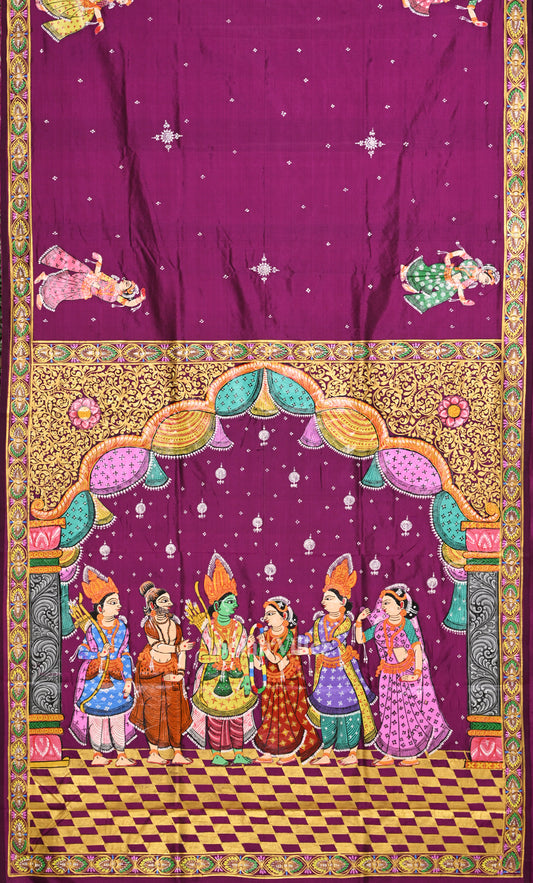 Purple Wine  Ramayan Theme Hand-Painted Pattachitra Saree 