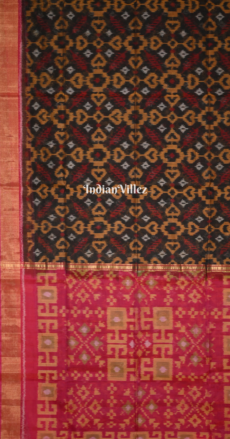Black Rani Pink Pochampally Ikat Silk Cotton (Sico) Saree 