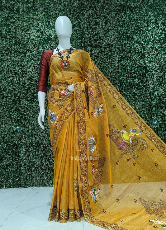 Mustard Yellow Doli Barat Hand- Painted Pattachitra Saree