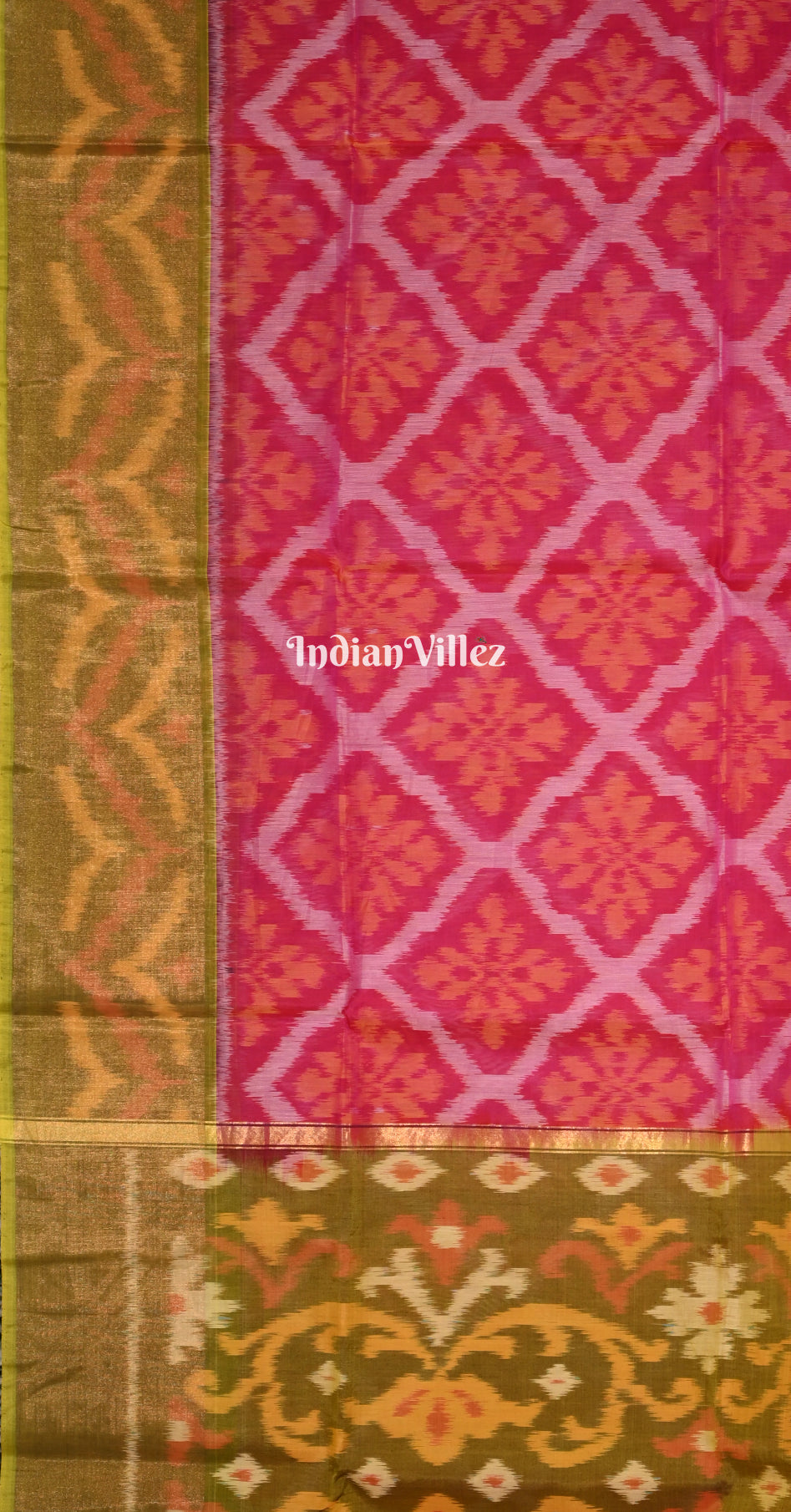 Rani Pink Olive Green Pochampally Ikat Silk Cotton (Sico) Saree
