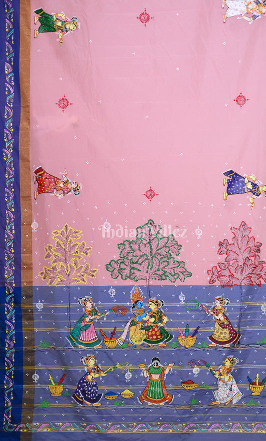 Peach Pink Blue Krishna Rasa Leela Hand-Painted Pattachitra Saree 