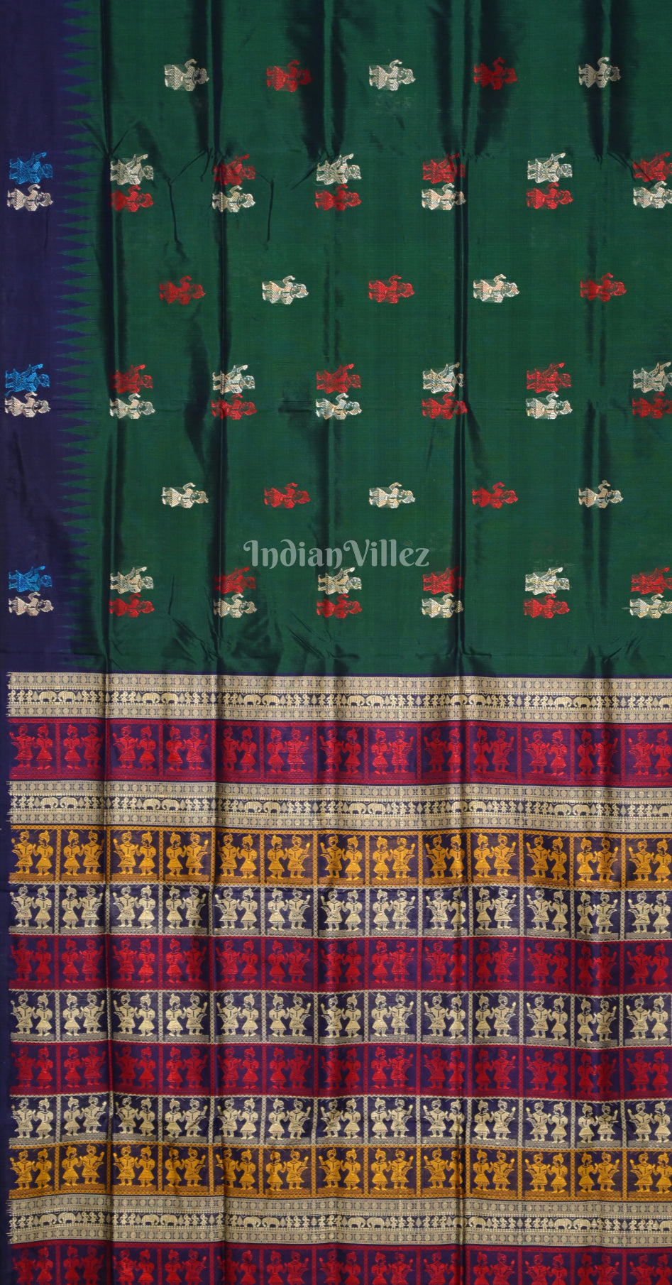 Bottle Green Blue Doll Motif Odisha Ikat Bomkai Silk Saree 