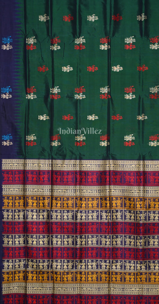 Bottle Green Blue Doll Motif Odisha Ikat Bomkai Silk Saree 