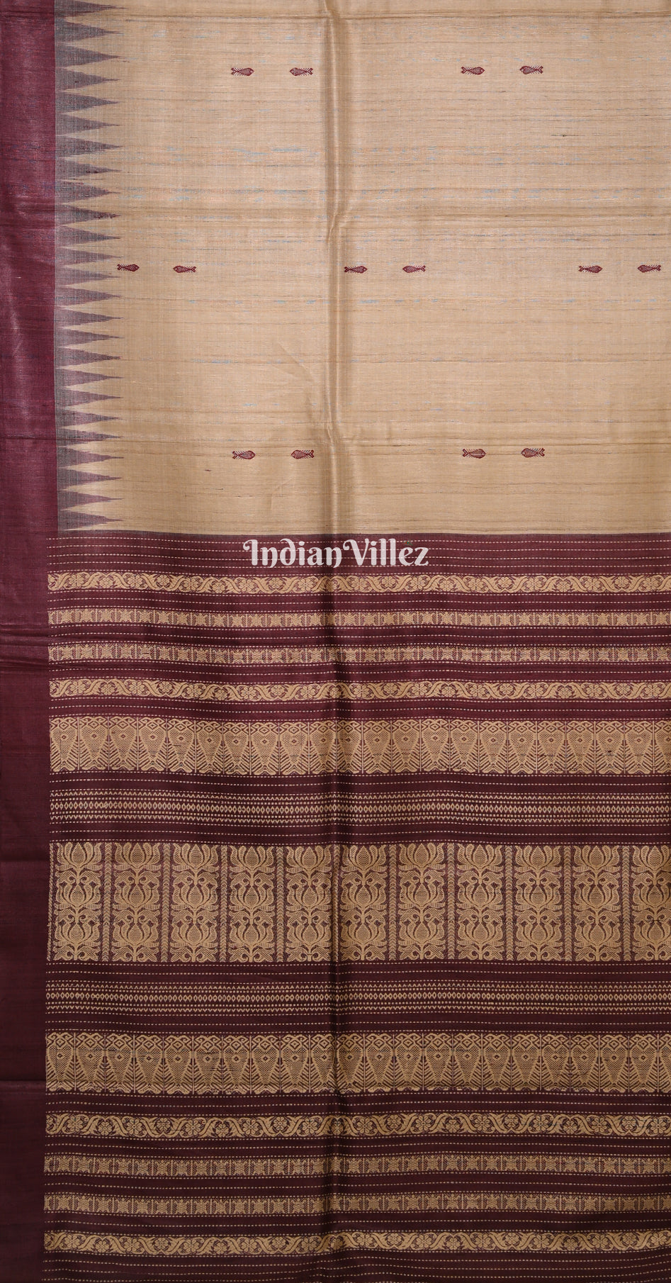 Beige Coffee Fish Motif Fine Gopalpur  Double Pallu Tussar Silk Saree