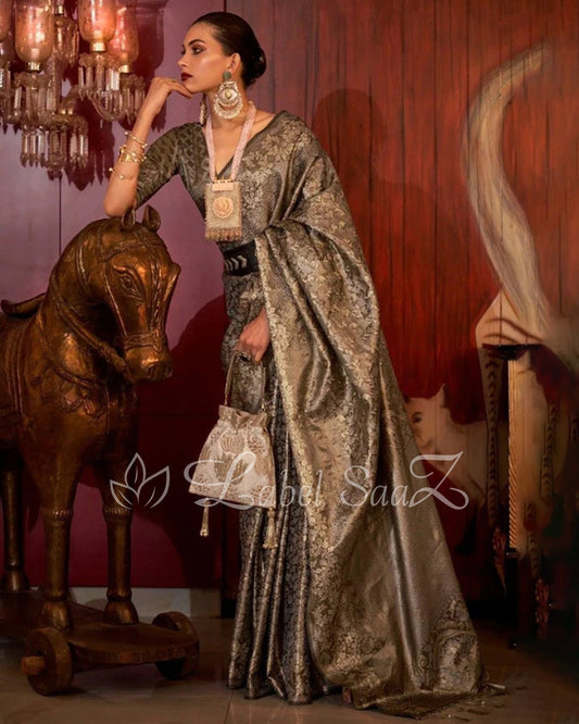 Steal Grey Floral Zari Tissue Kanjivaram Silk Saree