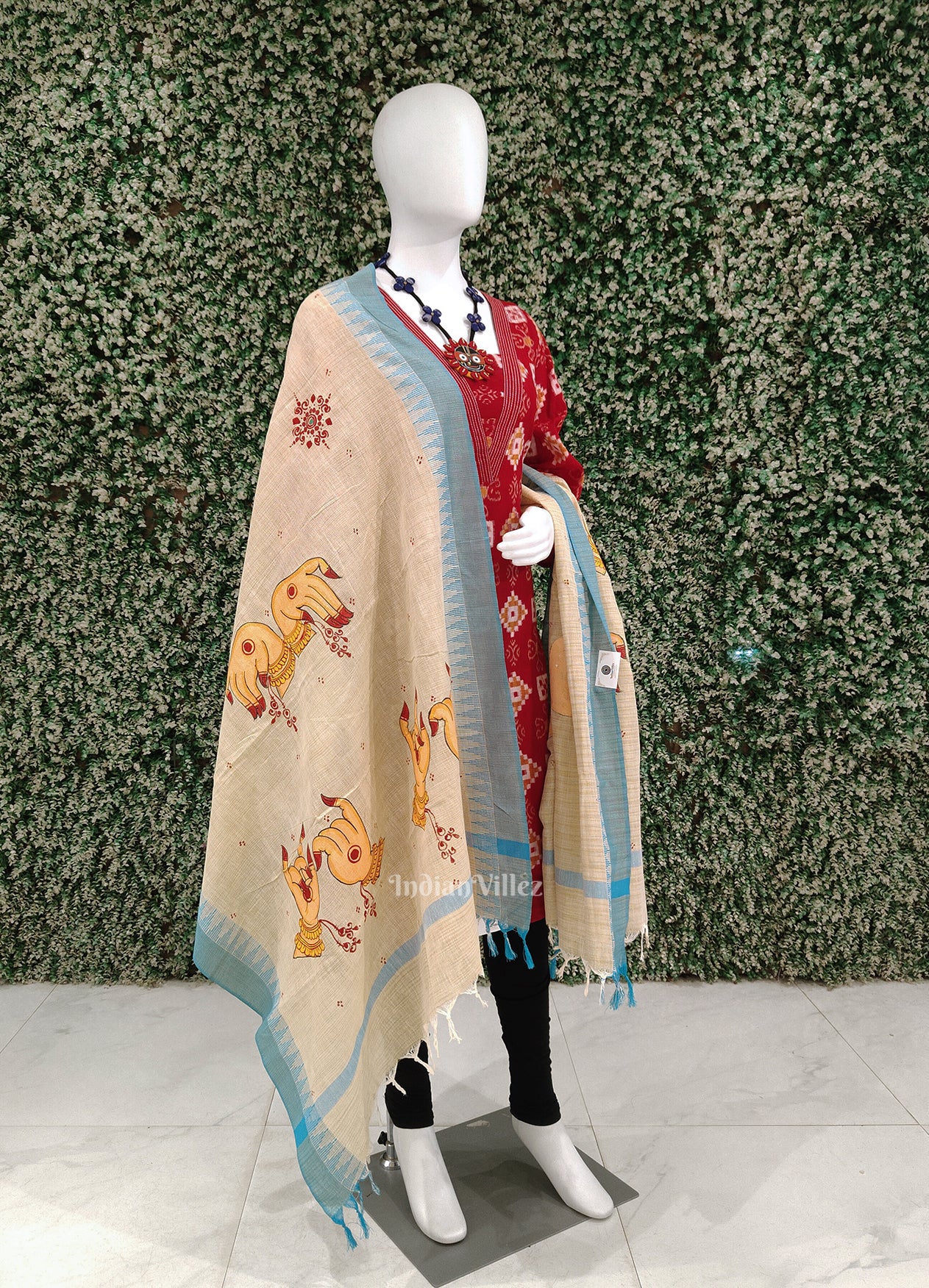 Cream Blue Mudra Theme Hand-Painted Tussar Pattachitra Dupatta