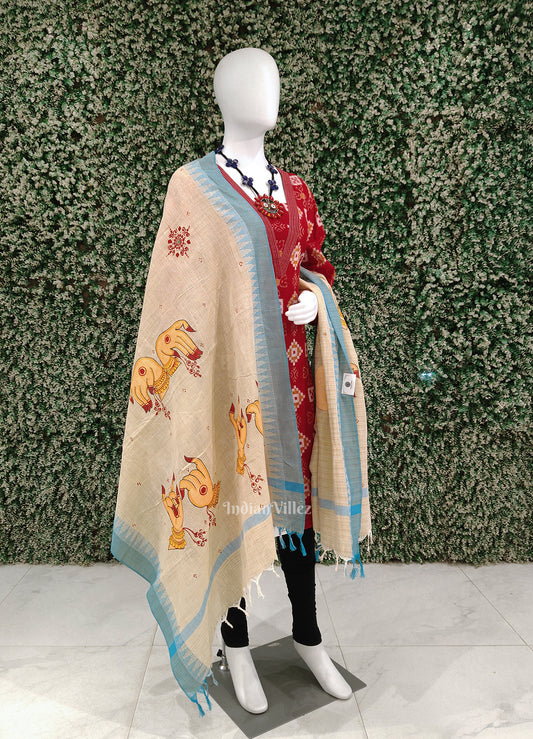 Cream Blue Mudra Theme Hand-Painted Tussar Pattachitra Dupatta
