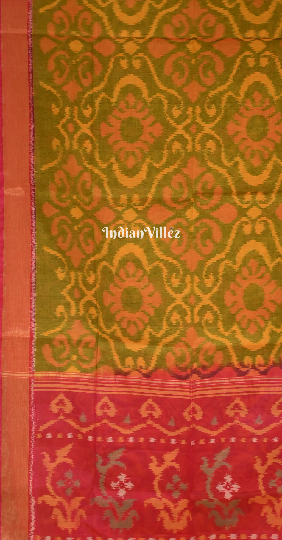 Mehendi Green Pink Pochampally Ikat Silk Cotton (Sico) Saree
