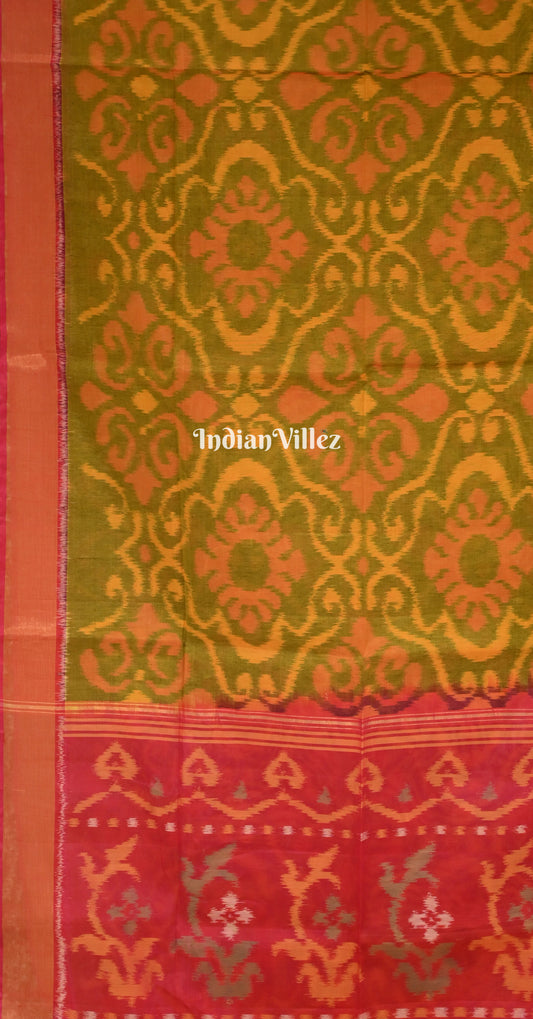 Mehendi Green Pink Pochampally Ikat Silk Cotton (Sico) Saree
