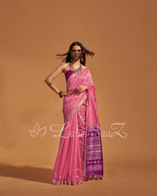 Pink Handwoven Tussar Banarasi Saree With Emboridery on Pallu