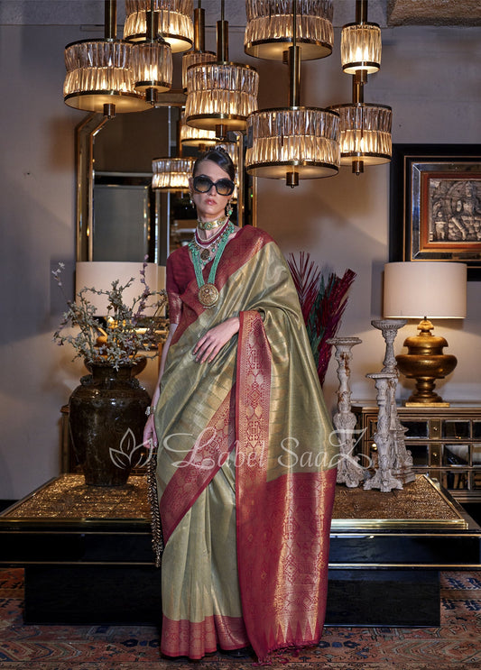 Mehendi Green Zari Tissue Handloom Weaving Saree 