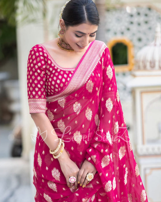 Pink Handwoven Georgette Banarasi Saree