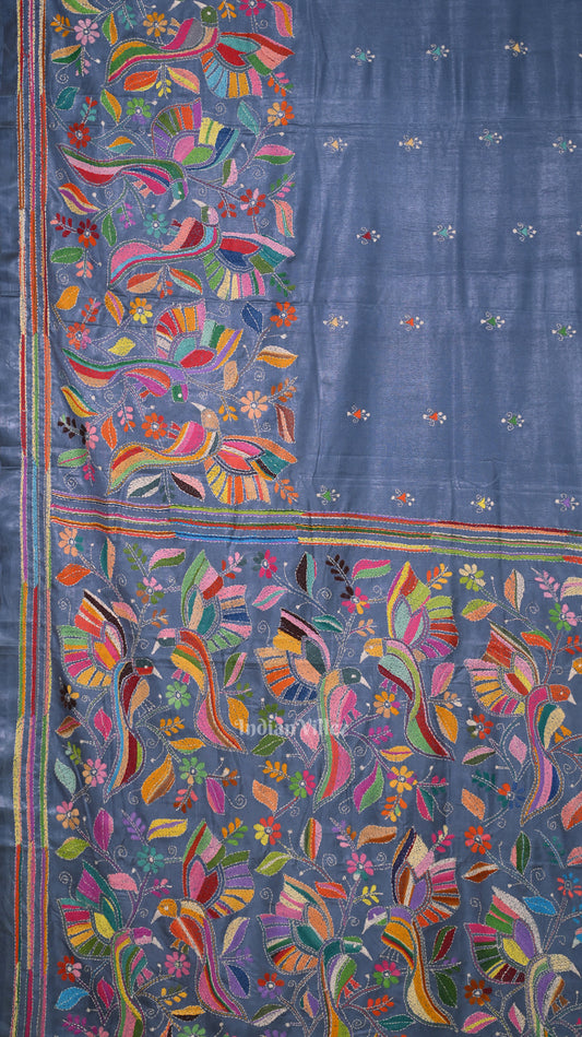 Light Blue Handwoven Kantha Stitch Silk Saree