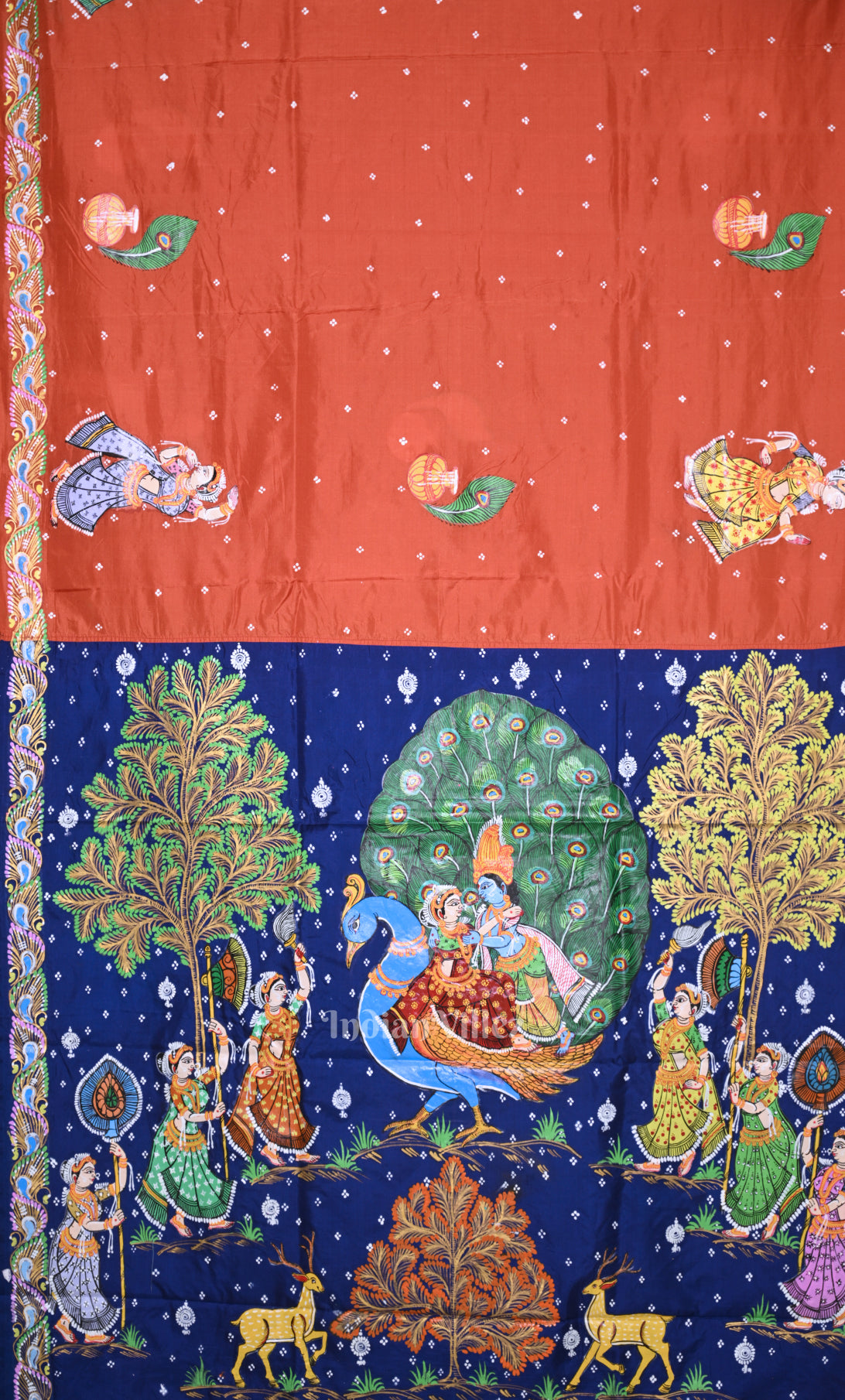 Orange Blue  Krishna Peacock Design Hand-Painted Pattachitra Saree 