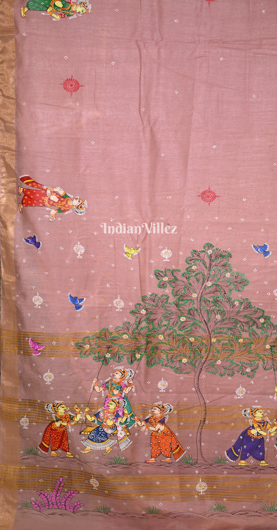 Baby Pink Raja Doli Theme Hand-Painted Pattachitra Saree 