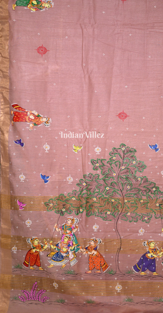 Baby Pink Raja Doli Theme Hand-Painted Pattachitra Saree 