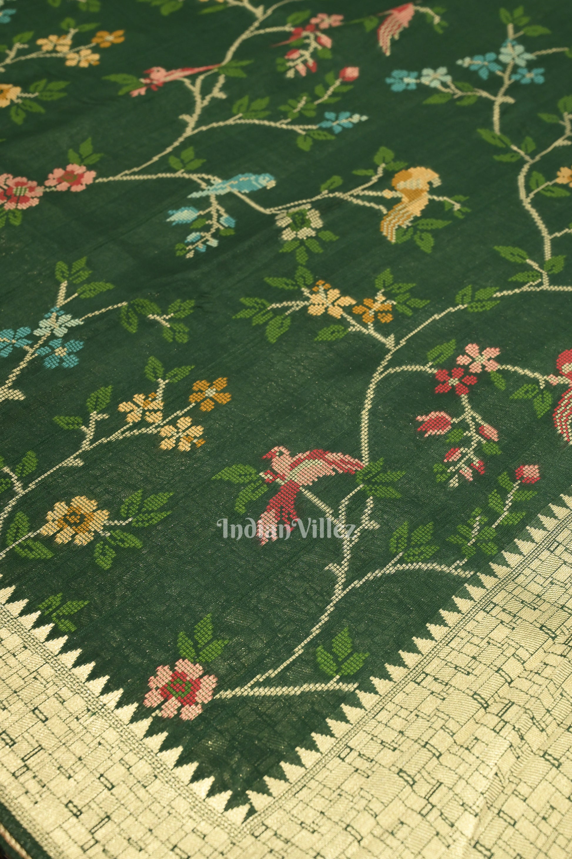 Dark Green Tussar Georgette Banarasi  Saree with Tassels