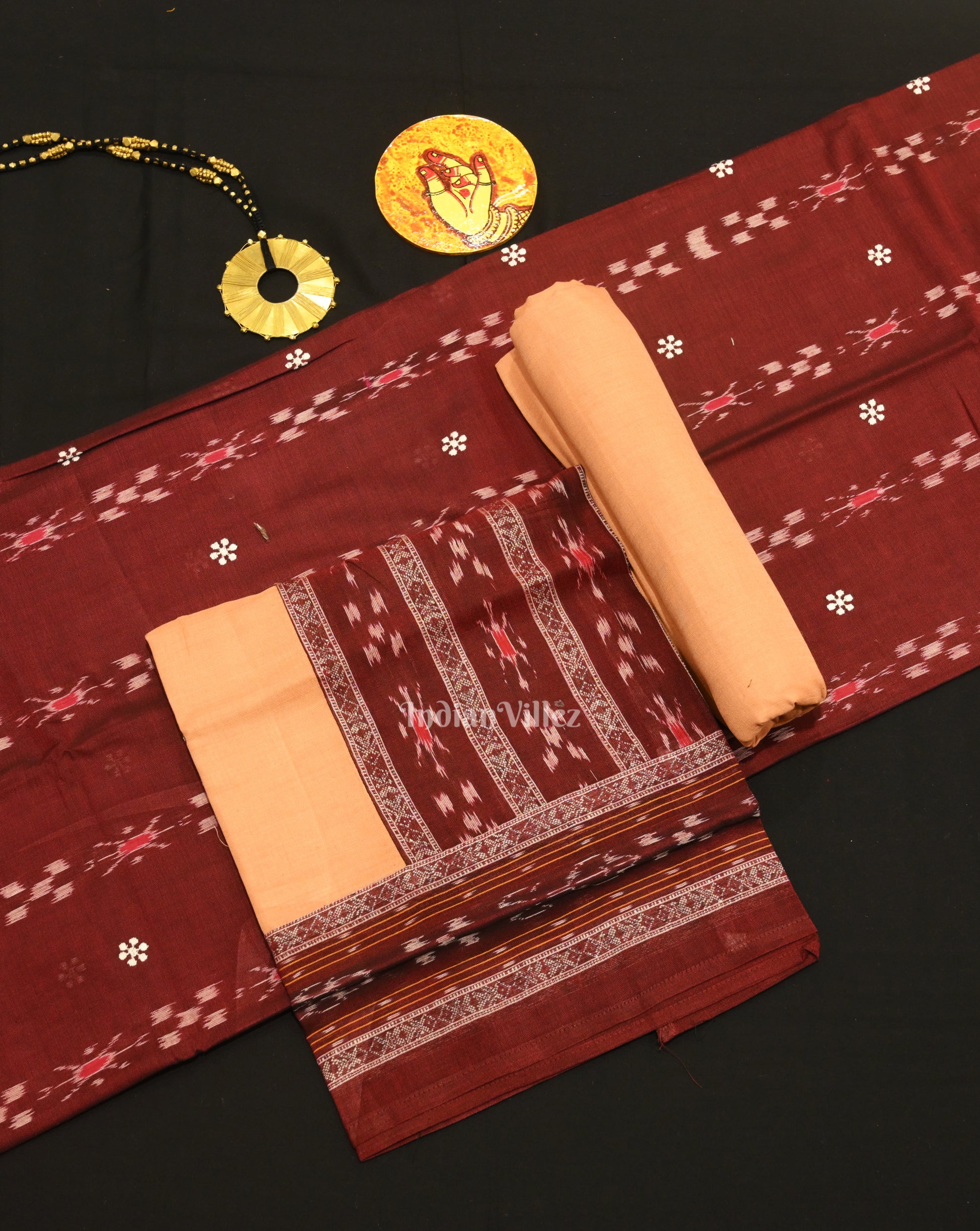 Maroon Cream Flower Buti Odisha Ikat  Sambalpuri Dress Set & Dupatta 