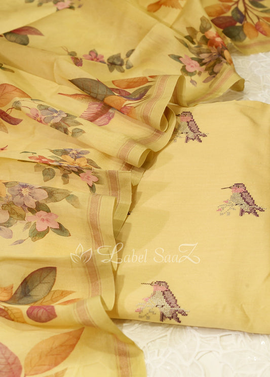 Light Yellow Thread Work Unstitched Salwar Suit