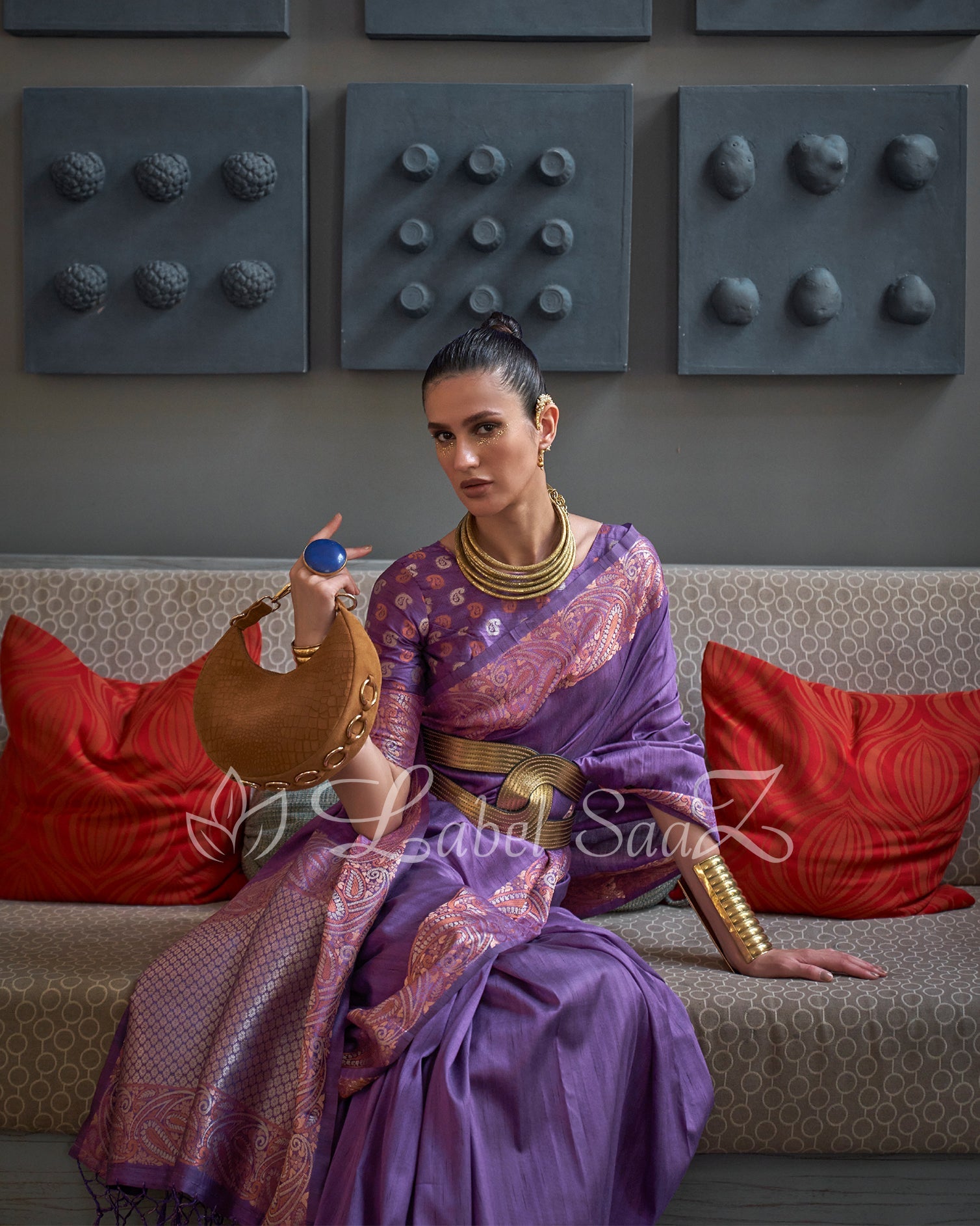 Indigo Purple Handwoven Tussar Banarasi Saree with Copper Zari