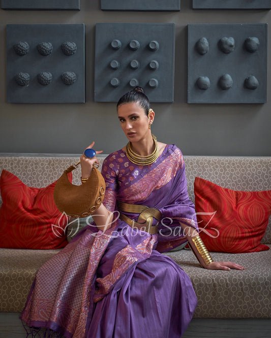 Indigo Purple Handwoven Tussar Banarasi Saree with Copper Zari