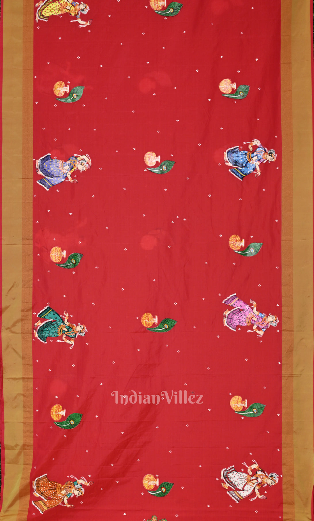 Red Green Raasleela Hand-Painted Pattachitra Saree 