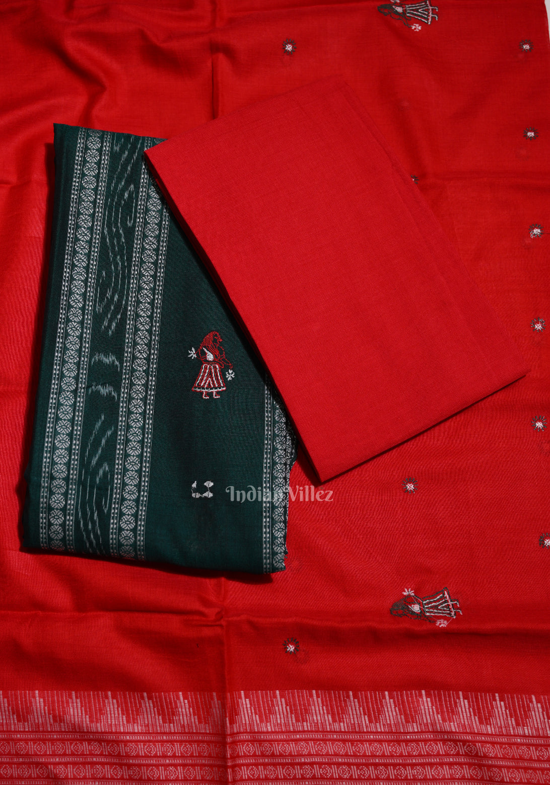 Green with Red Doll Odisha Ikat  Sambalpuri Dress Material & Dupatta