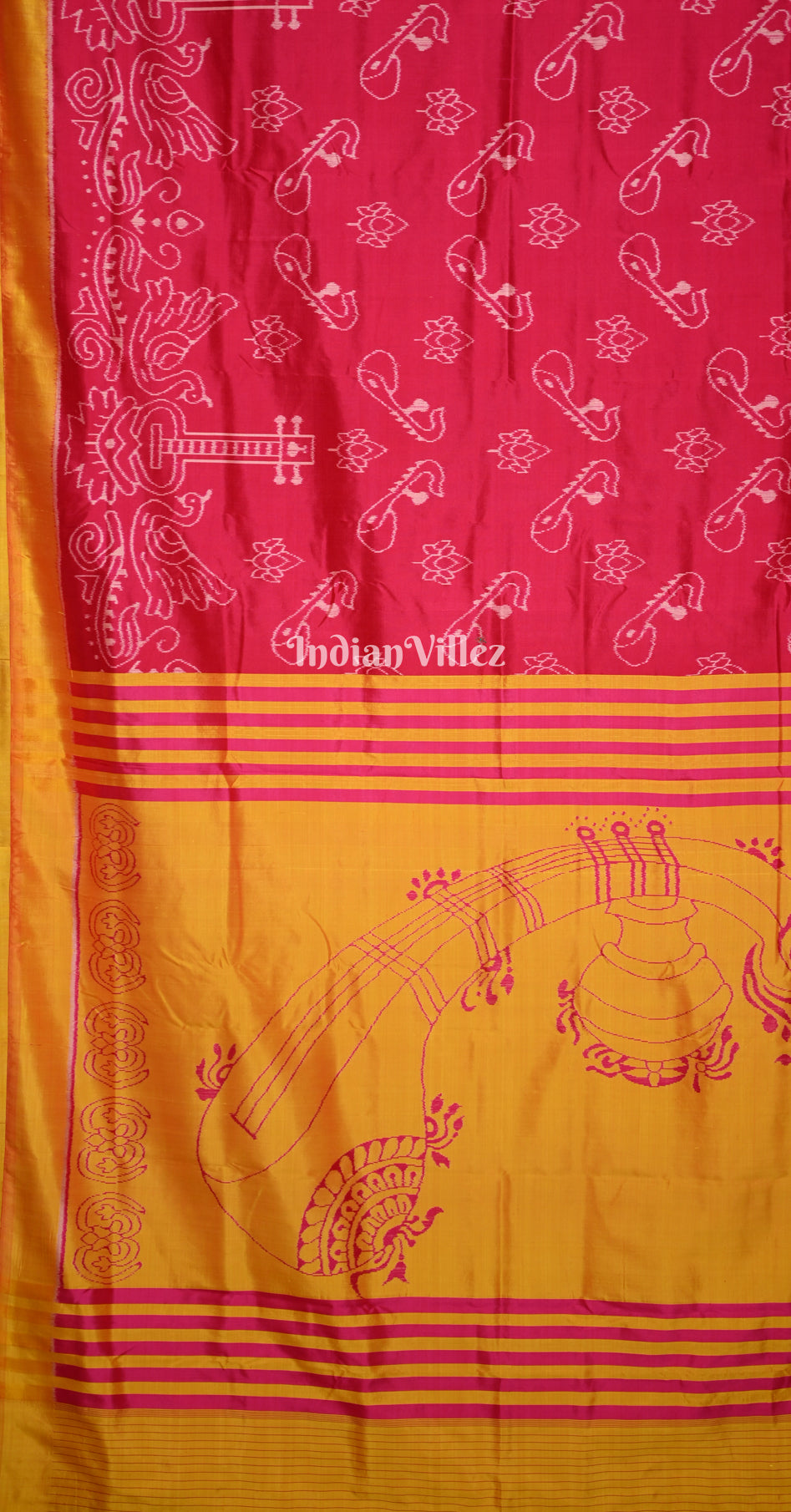 Rani Pink Mustard Yellow Veena Motif Contemporary Designer Silk Saree