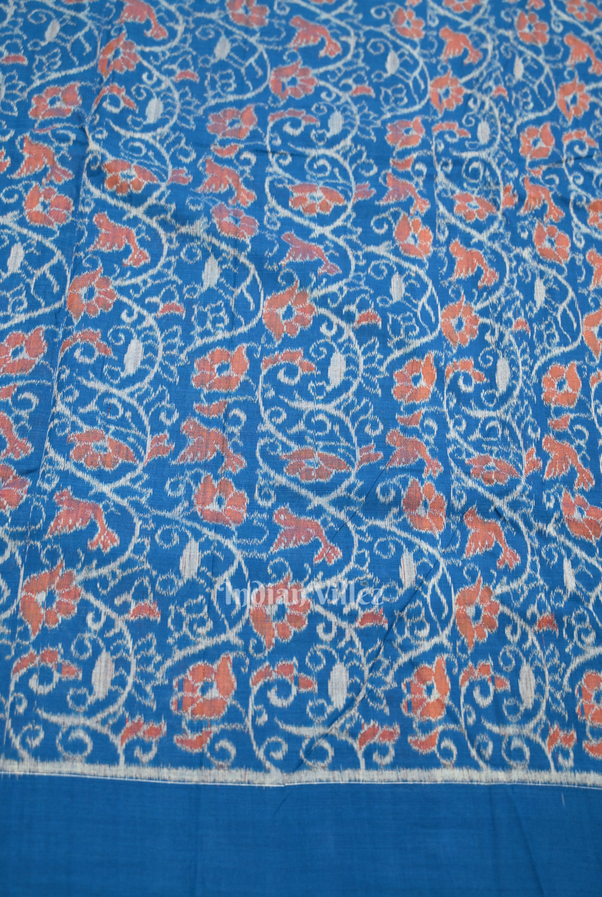  Sky Blue Flower Motif Sambalpuri Odisha Ikat Cotton Fabric 
