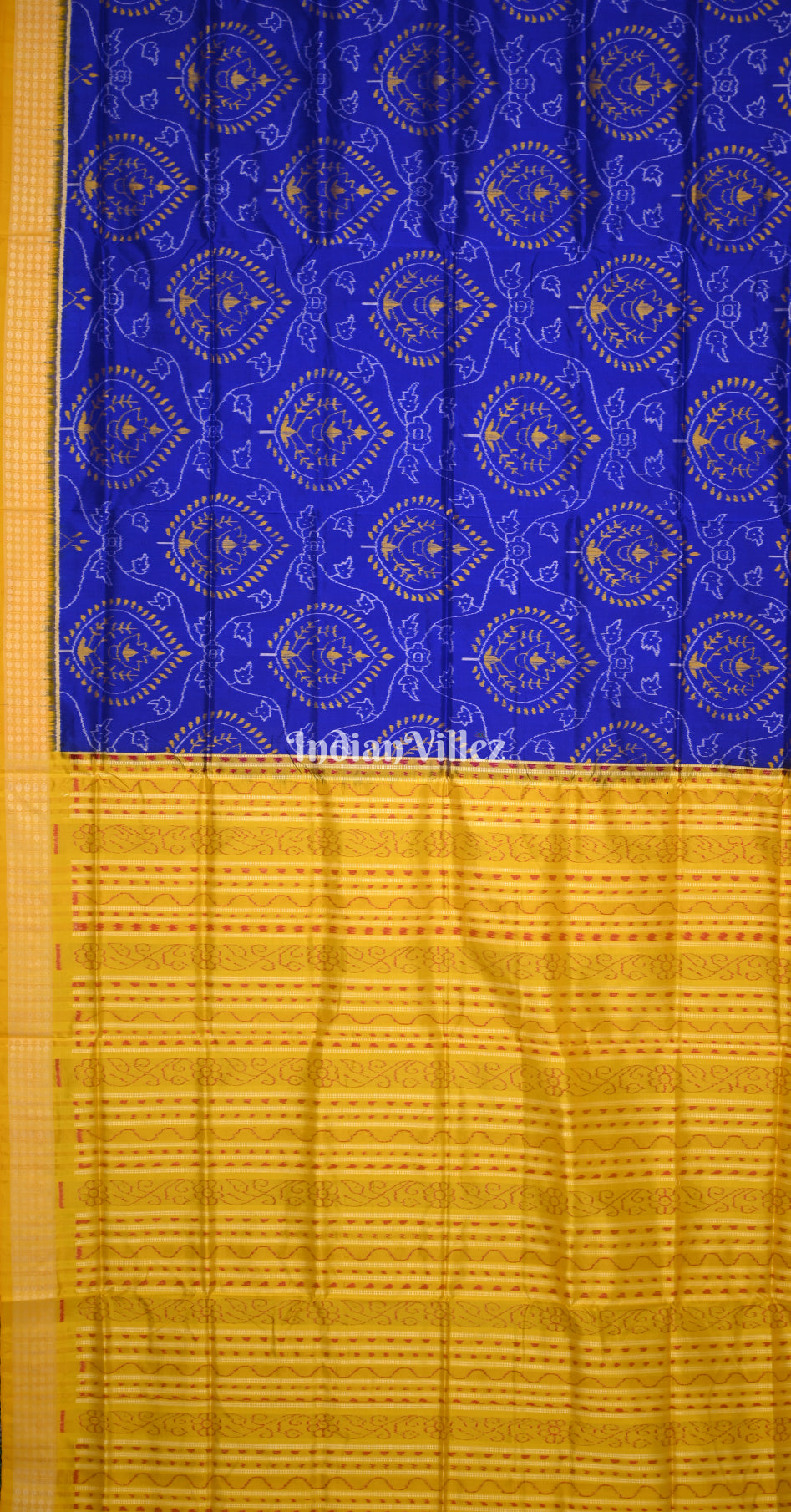 Blue Mustard Yellow Leaf Design Odisha Ikat Sambalpuri Silk Saree 