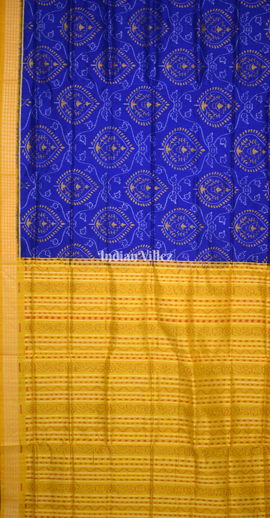 Blue Mustard Yellow Leaf Design Odisha Ikat Sambalpuri Silk Saree 
