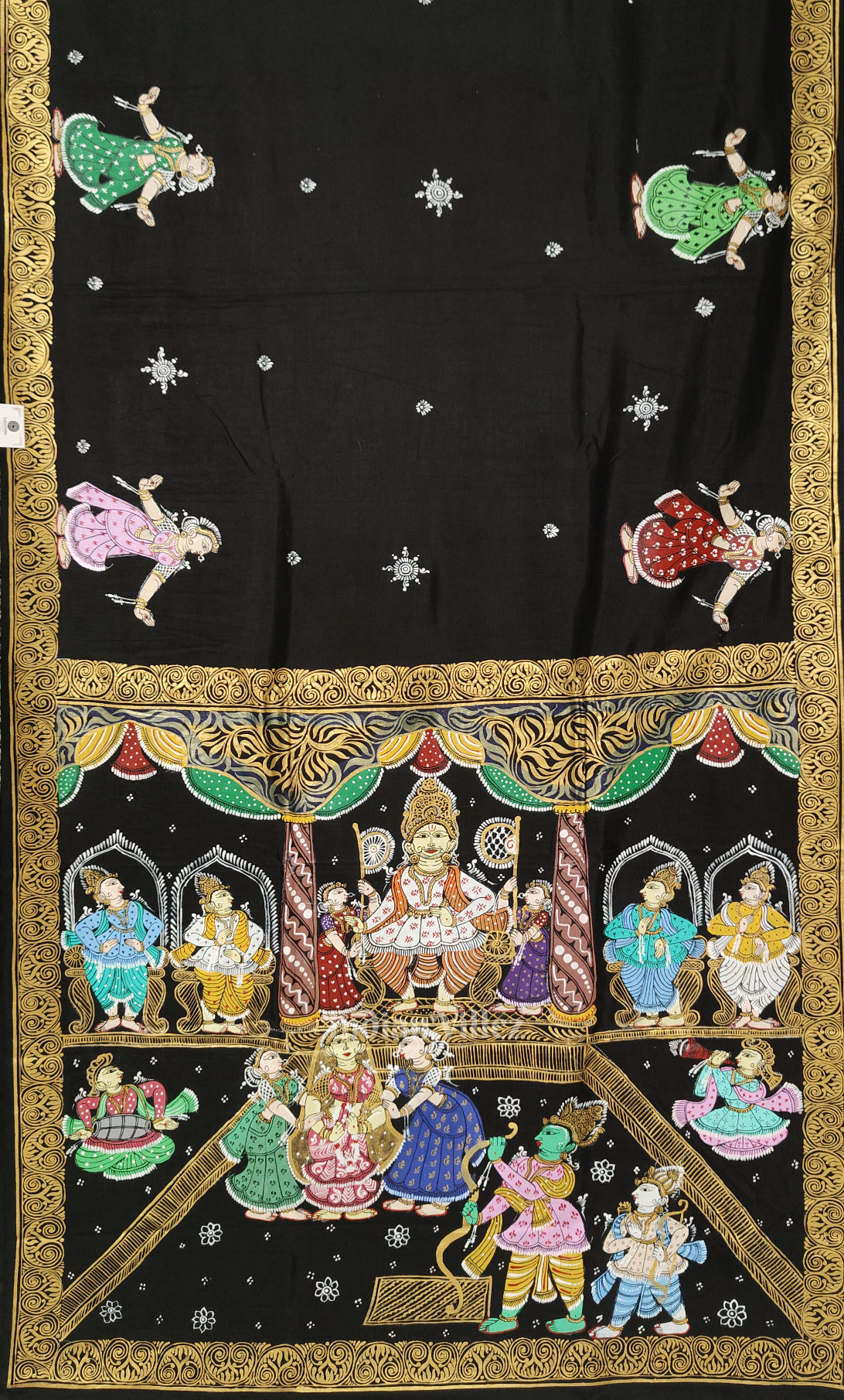 Black Ramayana Theme Hand-Painted Pattachitra Saree