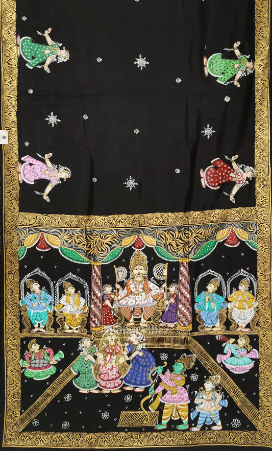 Black Ramayana Theme Hand-Painted Pattachitra Saree
