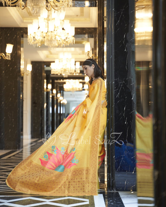 Yellow Floral Handwoven Linen Saree