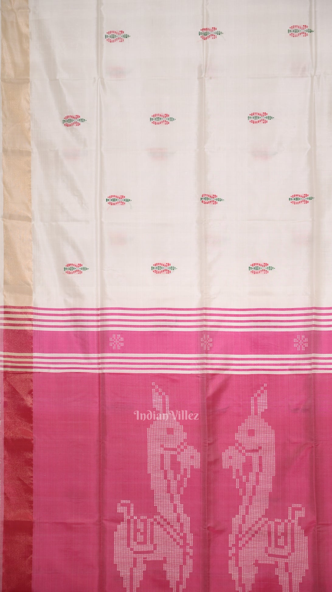 White Pink Pure Bishnupuri Silk Saree 