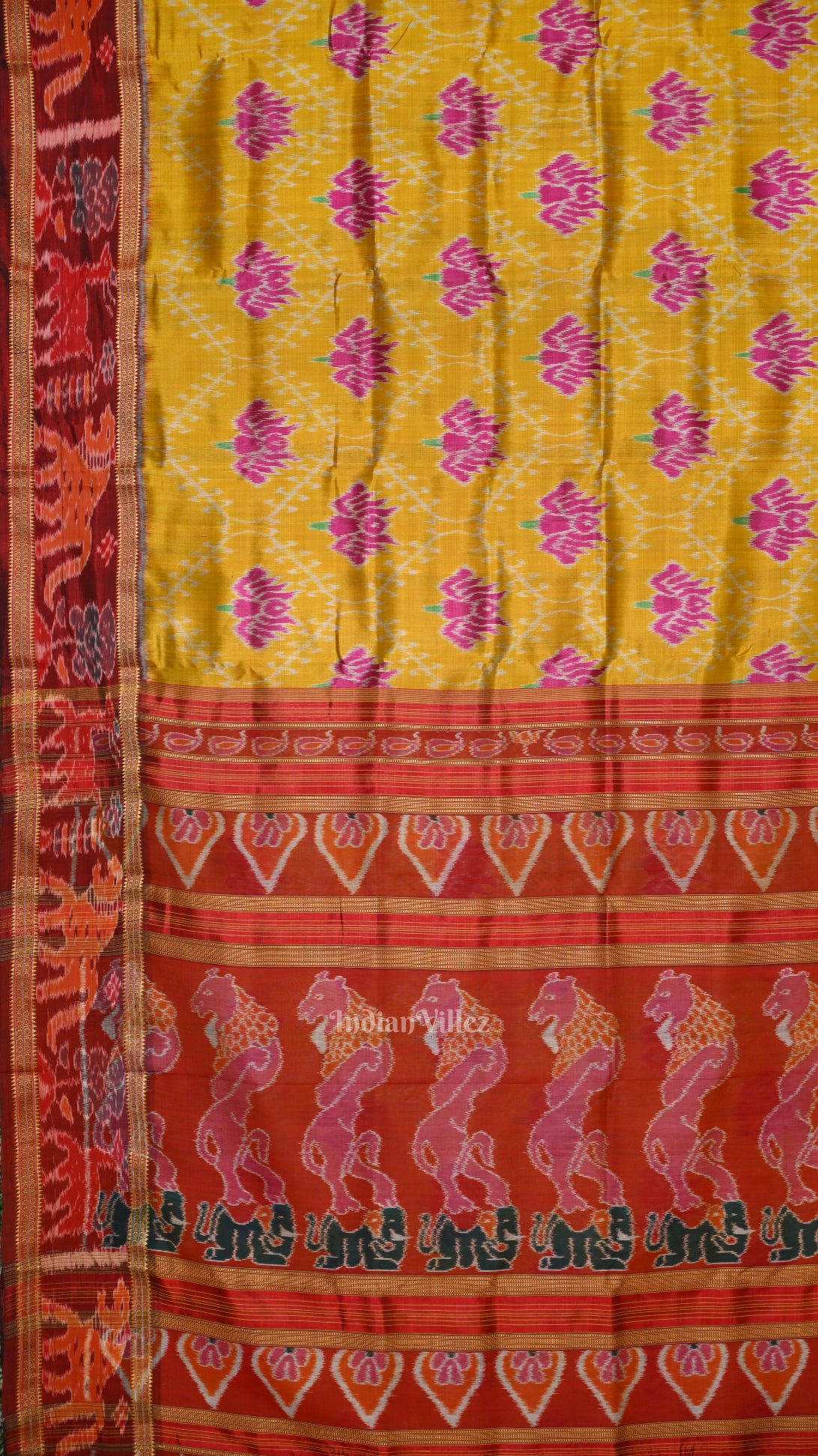 Golden Yellow Lotus Design Odisha Ikat Khandua Silk Saree with Animal Border