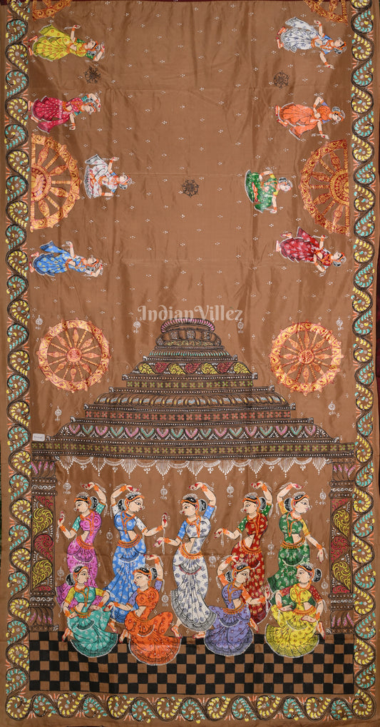 Beige Maroon Nartaki Konark Temple Hand-Painted Pattachitra Saree