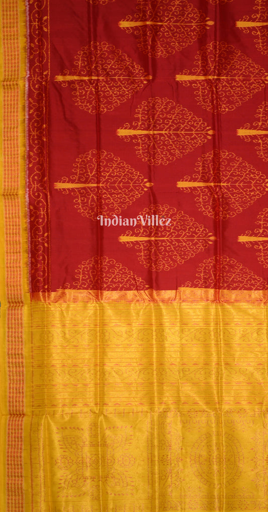 Maroon Mustard Yellow Peepal Leaves Odisha Ikat Sambalpuri Silk Saree
