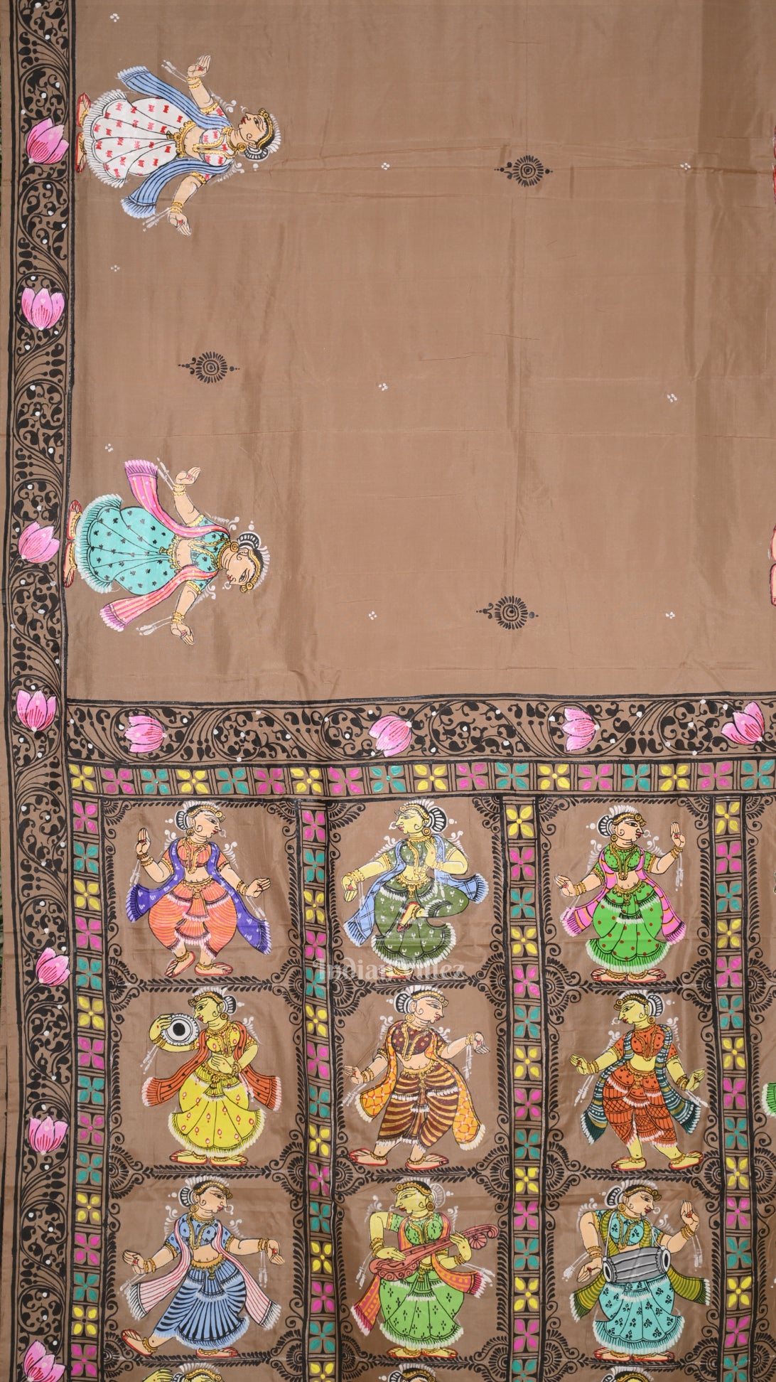 Cream Beige Dancing Nartaki Theme Hand-Painted Pattachitra Saree