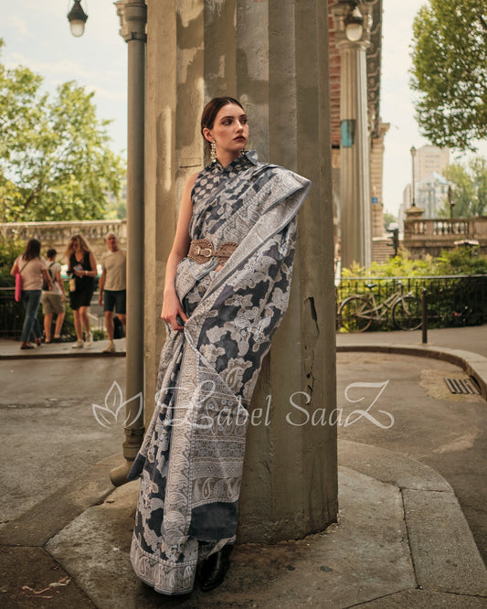Charcoal Grey Handwoven Pure Organza Silk Chikankaro Saree